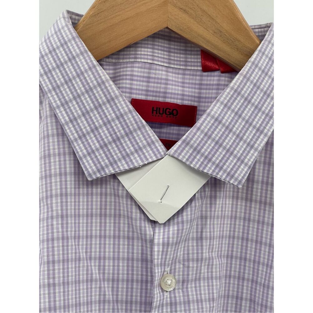 Hugo Boss Button Down Dress Shirt Slim Fit Men 44 Large Purple Plaid‎ Check